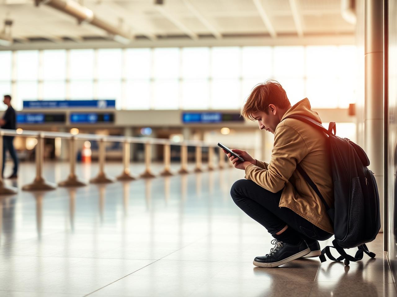 Podróżny klęczący obok torby na lotnisku i patrzący w telefon